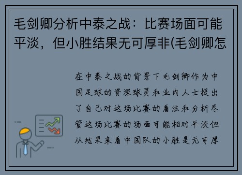 毛剑卿分析中泰之战：比赛场面可能平淡，但小胜结果无可厚非(毛剑卿怎么了)